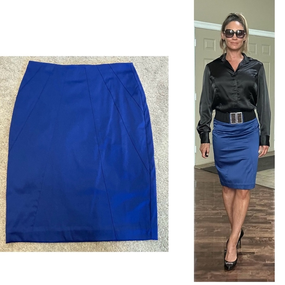 H&M Royal cobalt blue satin effect pencil skirt Sz 8 classy sexy business career
